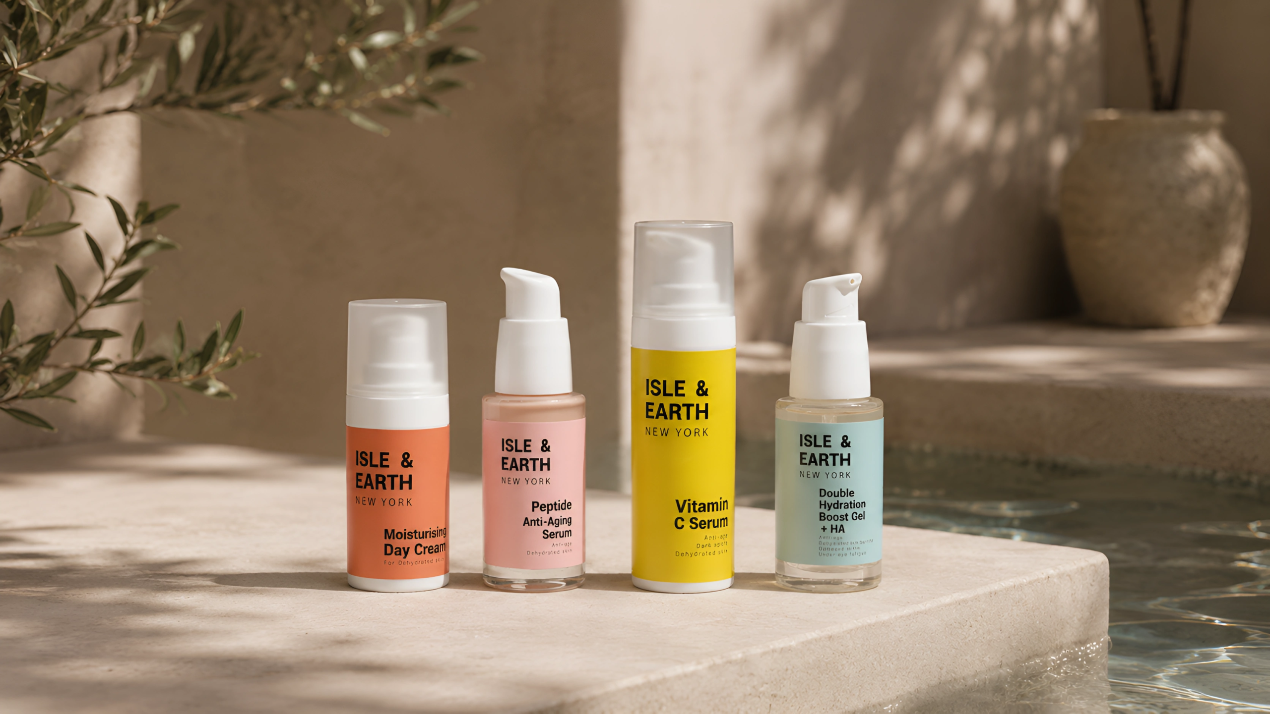Isle & Earth Moisturising Day Cream, Peptide Anti-Aging Serum, Vitamin C Serum, and Double Hydration Boost Gel displayed on stone ledge beside a pool with olive tree and terracotta pots