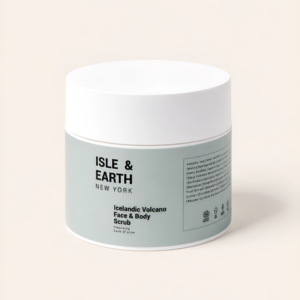 Isle & Earth Icelandic Volcano Face & Body Scrub jar with sage green label on cream background