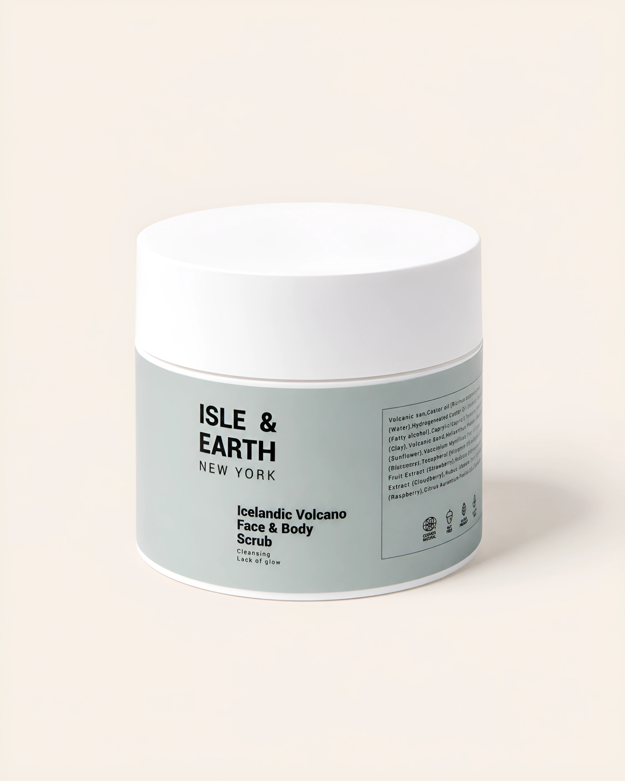 Isle & Earth Icelandic Volcano Face & Body Scrub jar with sage green label on cream background
