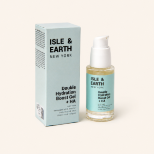 Isle & Earth Double Hydration Boost Gel + HA bottle and light blue packaging box on cream background