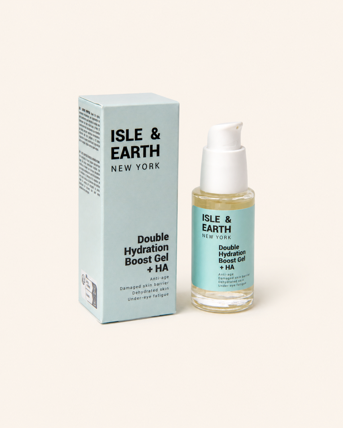 Isle & Earth Double Hydration Boost Gel + HA bottle and light blue packaging box on cream background