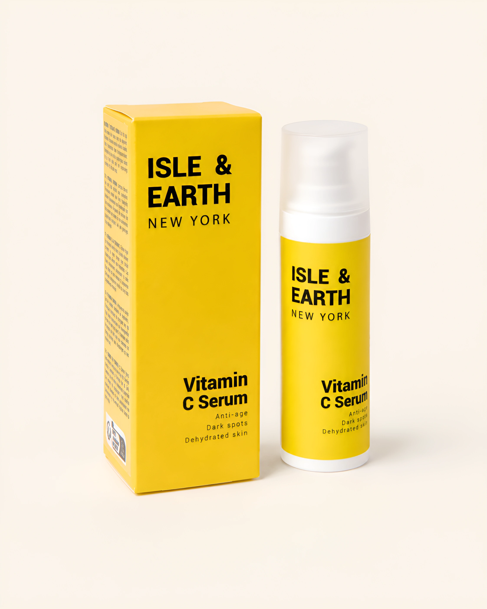Isle & Earth Vitamin C Serum bright yellow bottle and packaging box on cream background