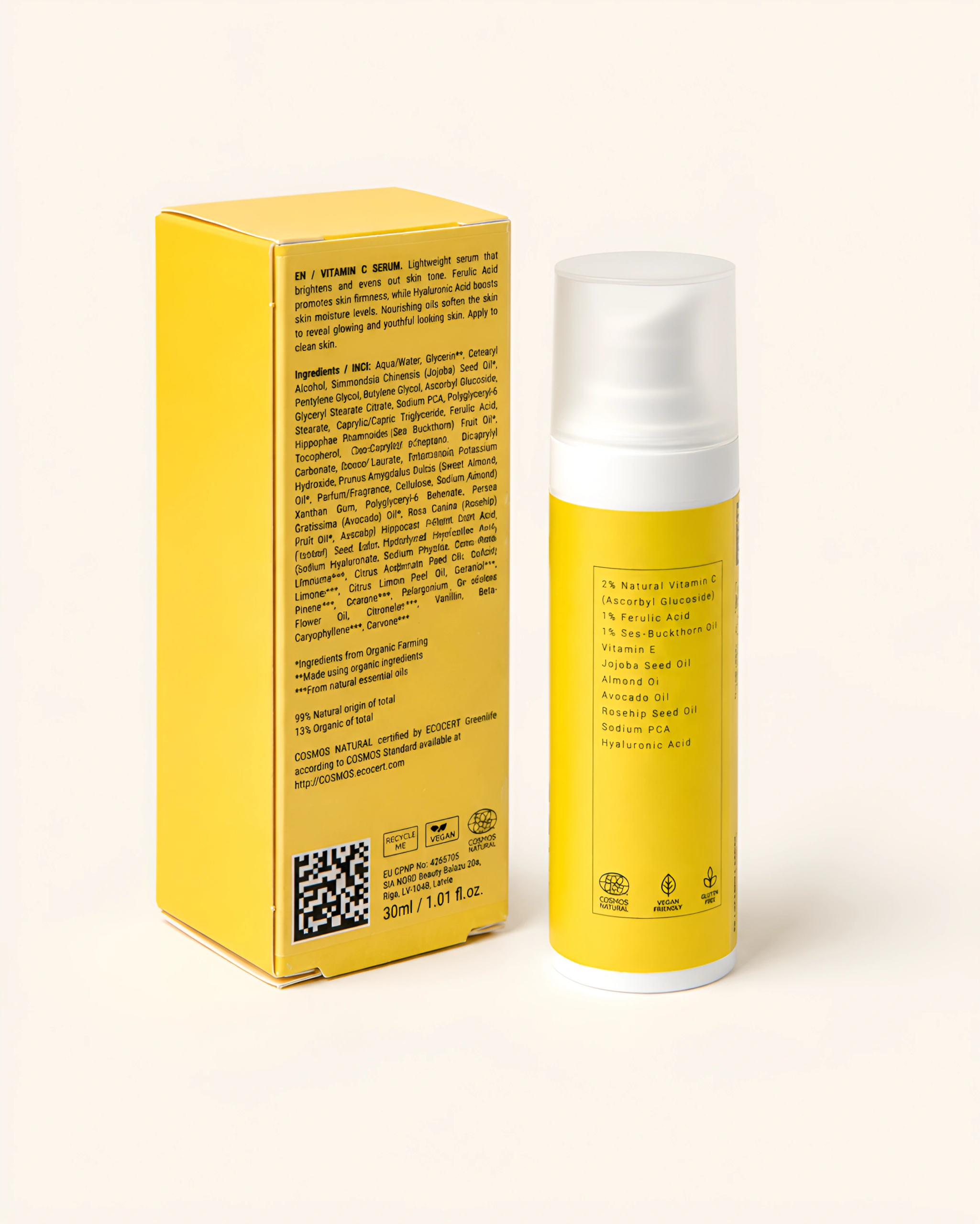 Isle & Earth Vitamin C Serum yellow box back and bottle showing full ingredients list and COSMOS Natural certification