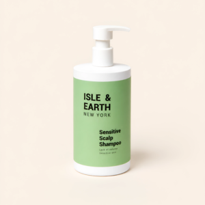 Isle & Earth Sensitive Scalp Shampoo white pump bottle with sage green label on cream background