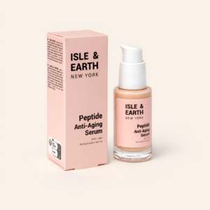 Isle & Earth Peptide Anti-Aging Serum pink bottle and pink packaging box on cream background