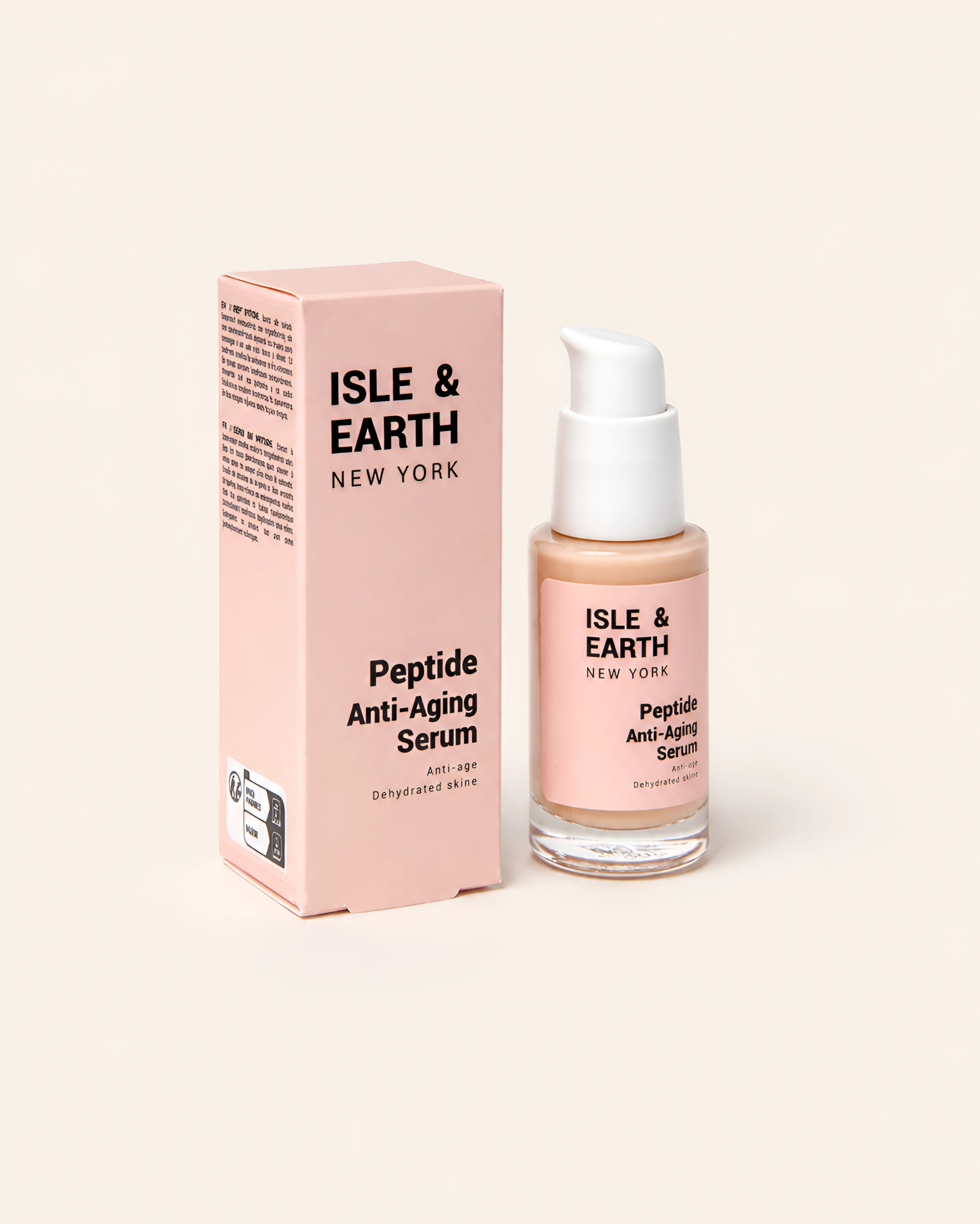 Isle & Earth Peptide Anti-Aging Serum pink bottle and pink packaging box on cream background