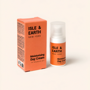 Isle & Earth Moisturising Day Cream white bottle and terracotta orange packaging box on cream background