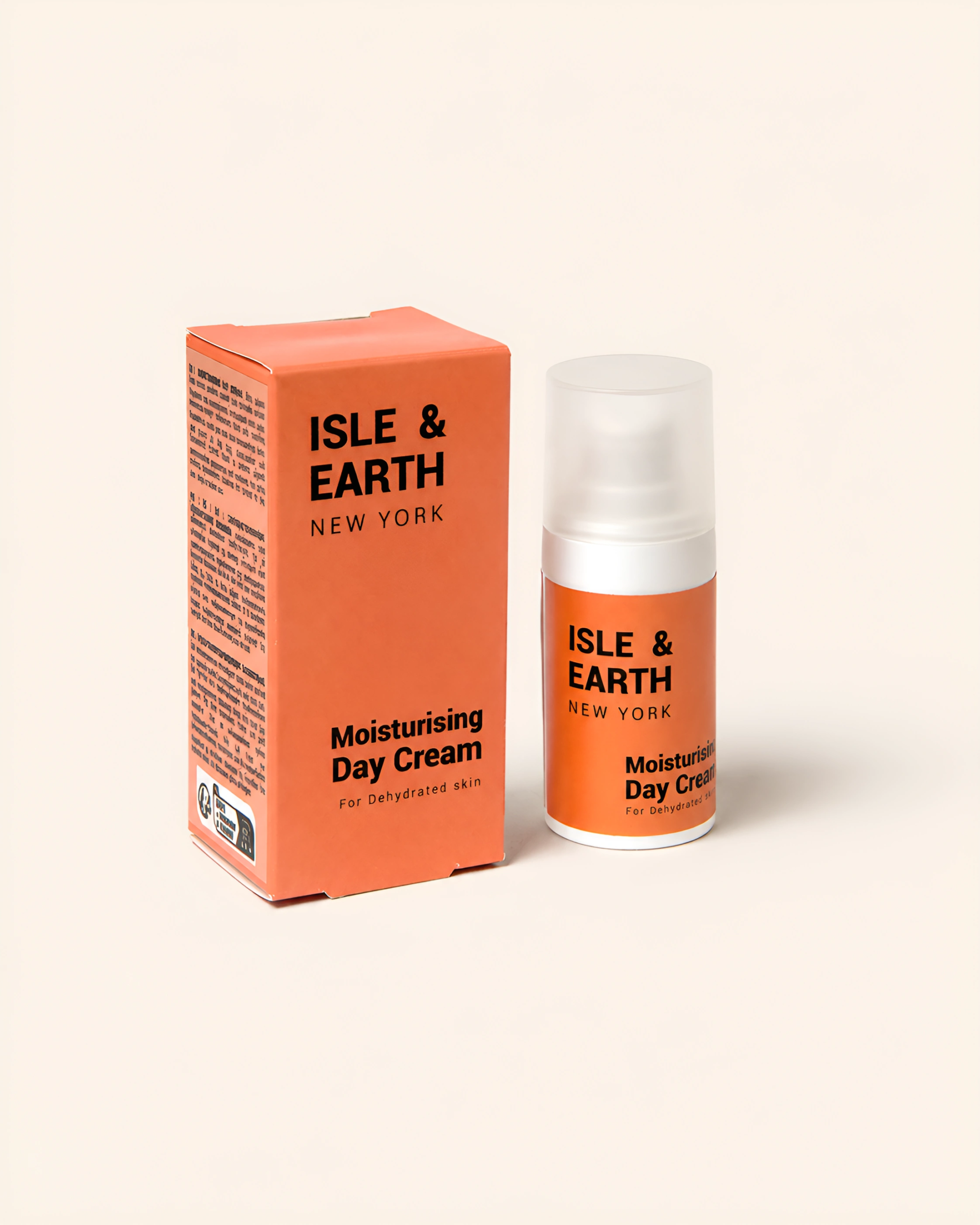 Isle & Earth Moisturising Day Cream white bottle and terracotta orange packaging box on cream background