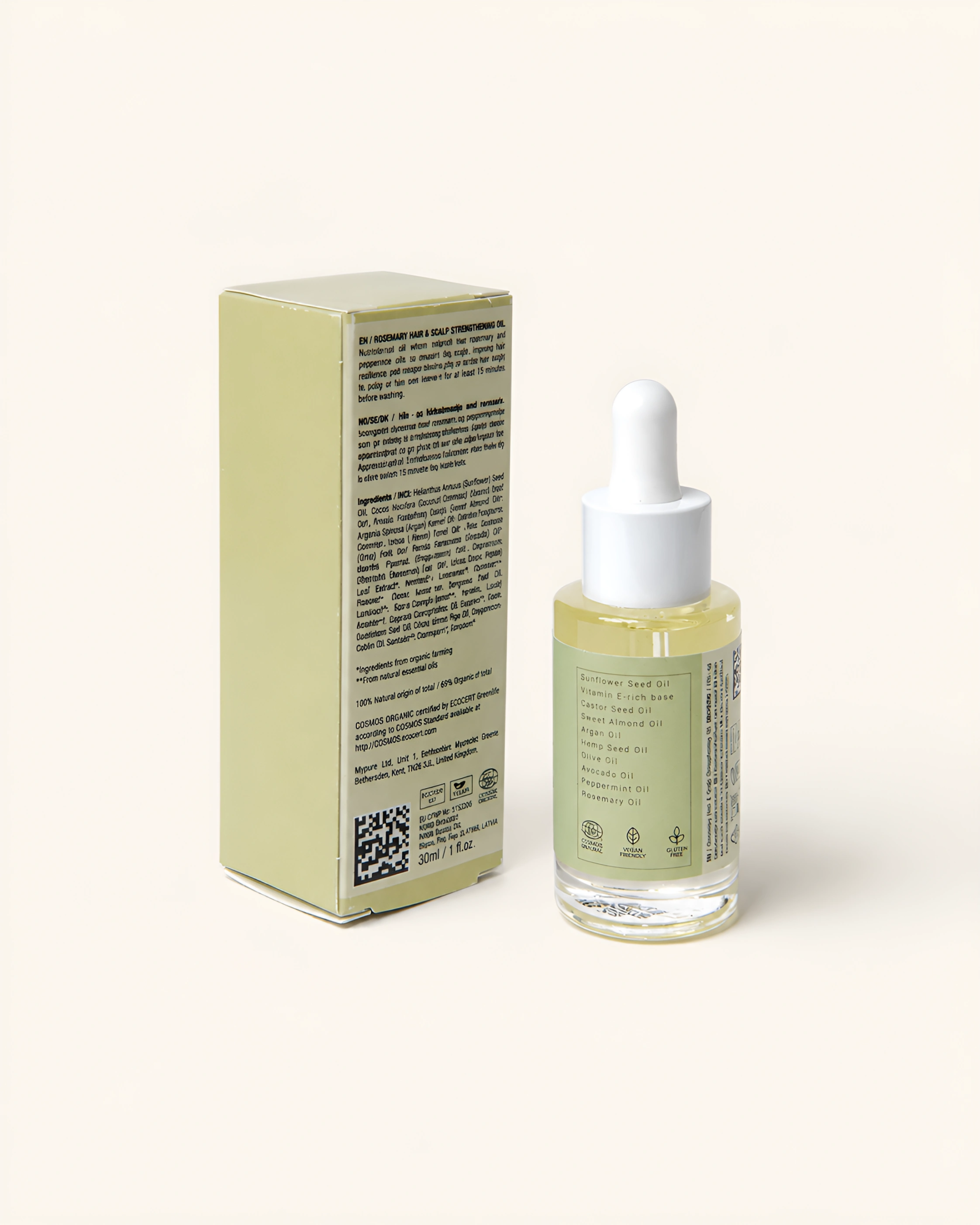 Isle & Earth Rosemary Hair & Scalp Strengthening Oil box back showing ingredients list and COSMOS Organic certification