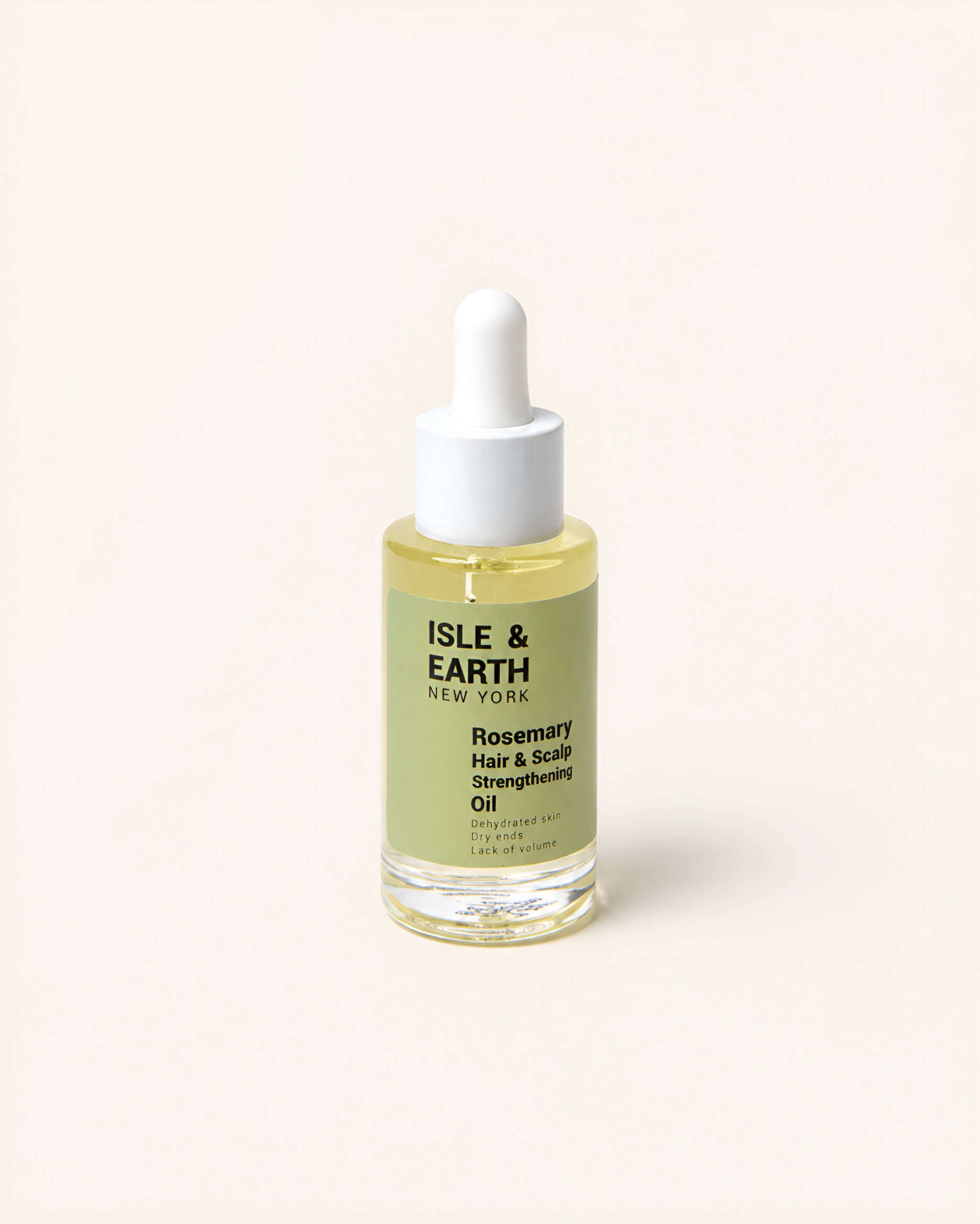 Isle & Earth Rosemary Hair & Scalp Strengthening Oil dropper bottle with olive green label on cream background