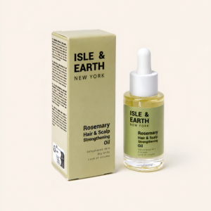 Isle & Earth Rosemary Hair & Scalp Strengthening Oil 30ml bottle with packaging box on cream background