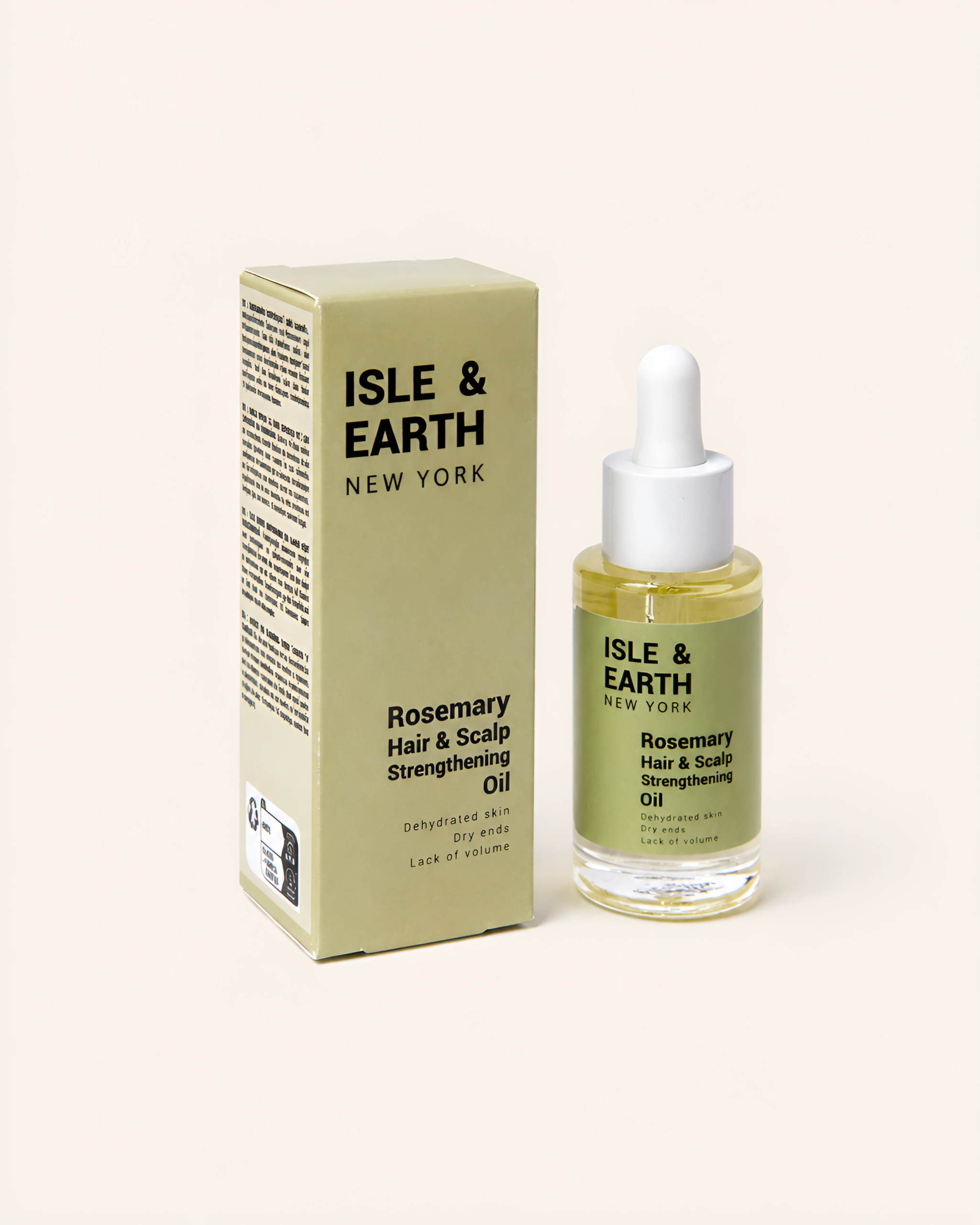 Isle & Earth Rosemary Hair & Scalp Strengthening Oil 30ml bottle with packaging box on cream background