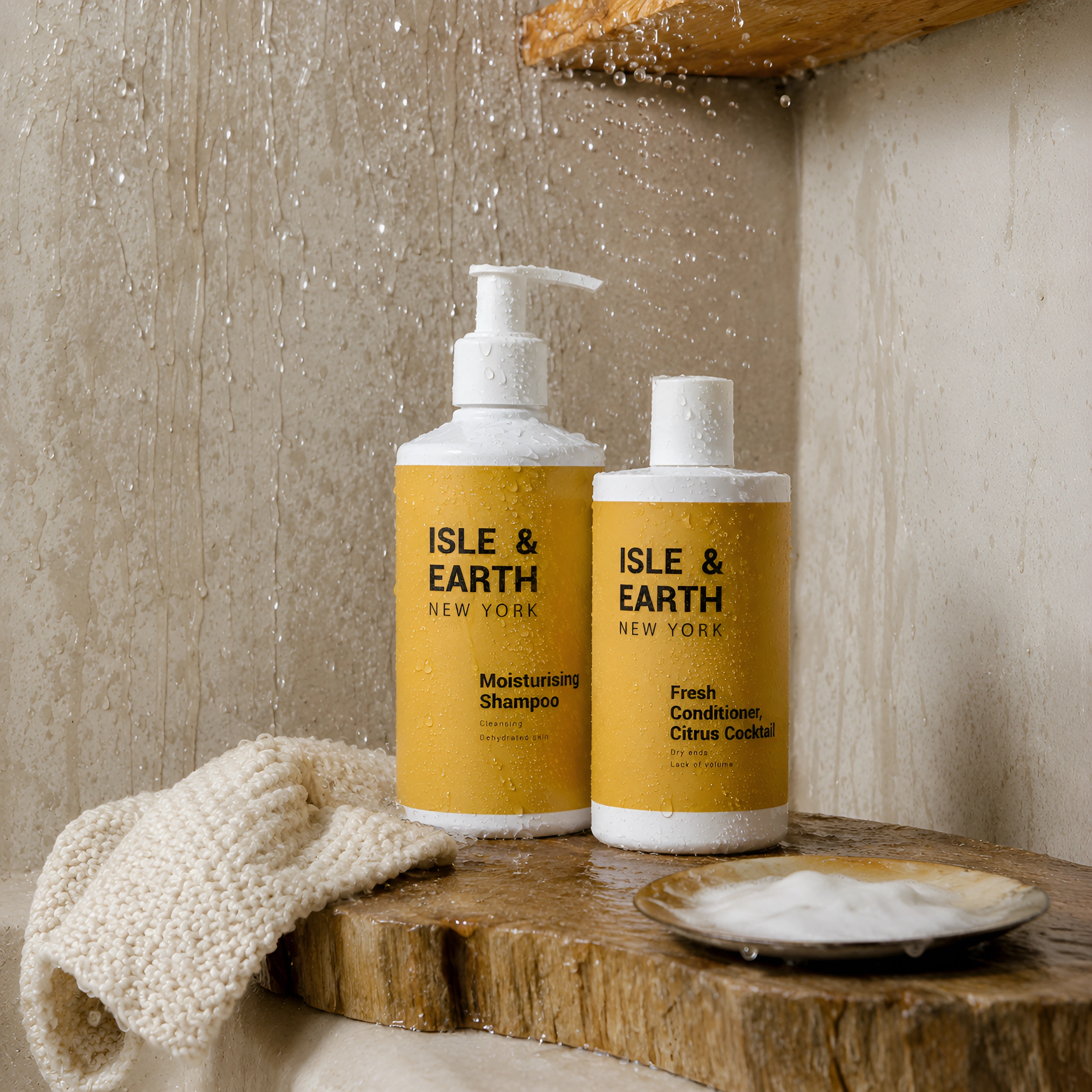 Isle & Earth Moisturising Shampoo and Fresh Conditioner Citrus Cocktail bottles with water droplets on a wooden shower shelf with knit cloth