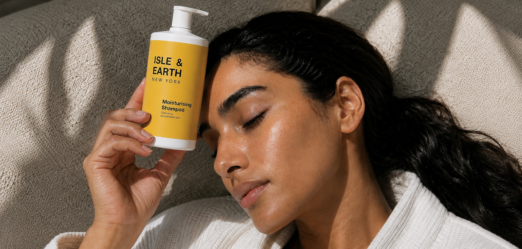 Woman in white robe holding Isle & Earth Moisturising Shampoo bottle with eyes closed in natural sunlight
