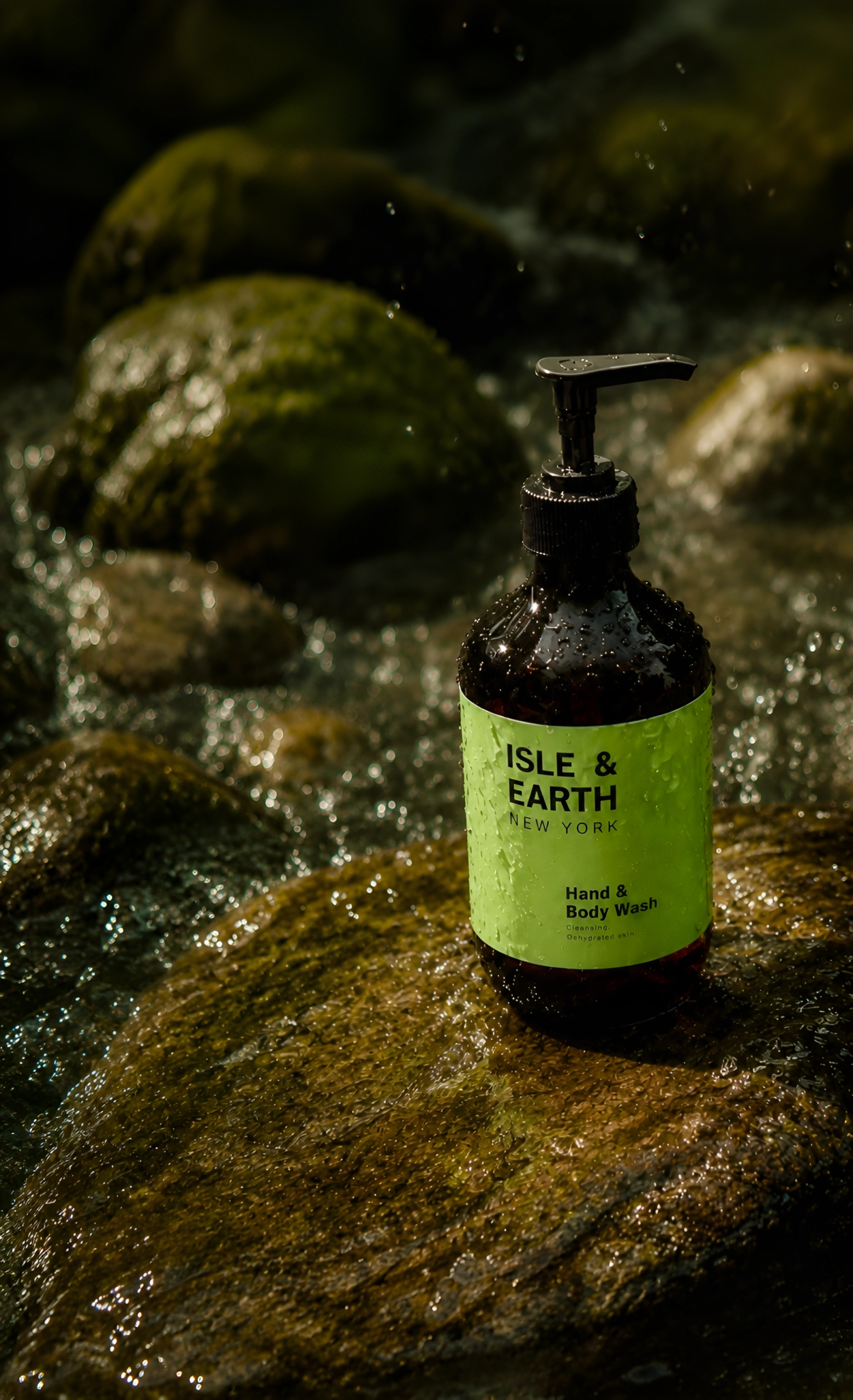 Isle & Earth Ginger Cardamom Hand & Body Wash amber bottle on mossy rocks beside a natural stream with flowing water