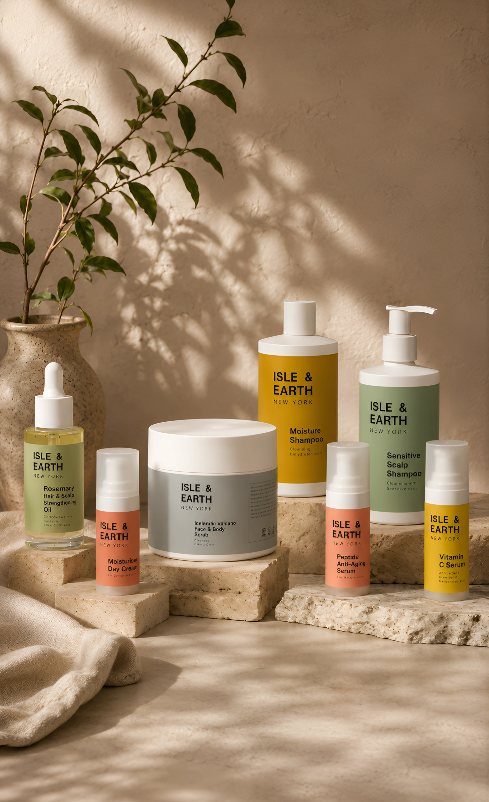 Isle & Earth New York full clean beauty product range displayed on stone blocks with natural botanicals including shampoos, serums, face cream and body scrub