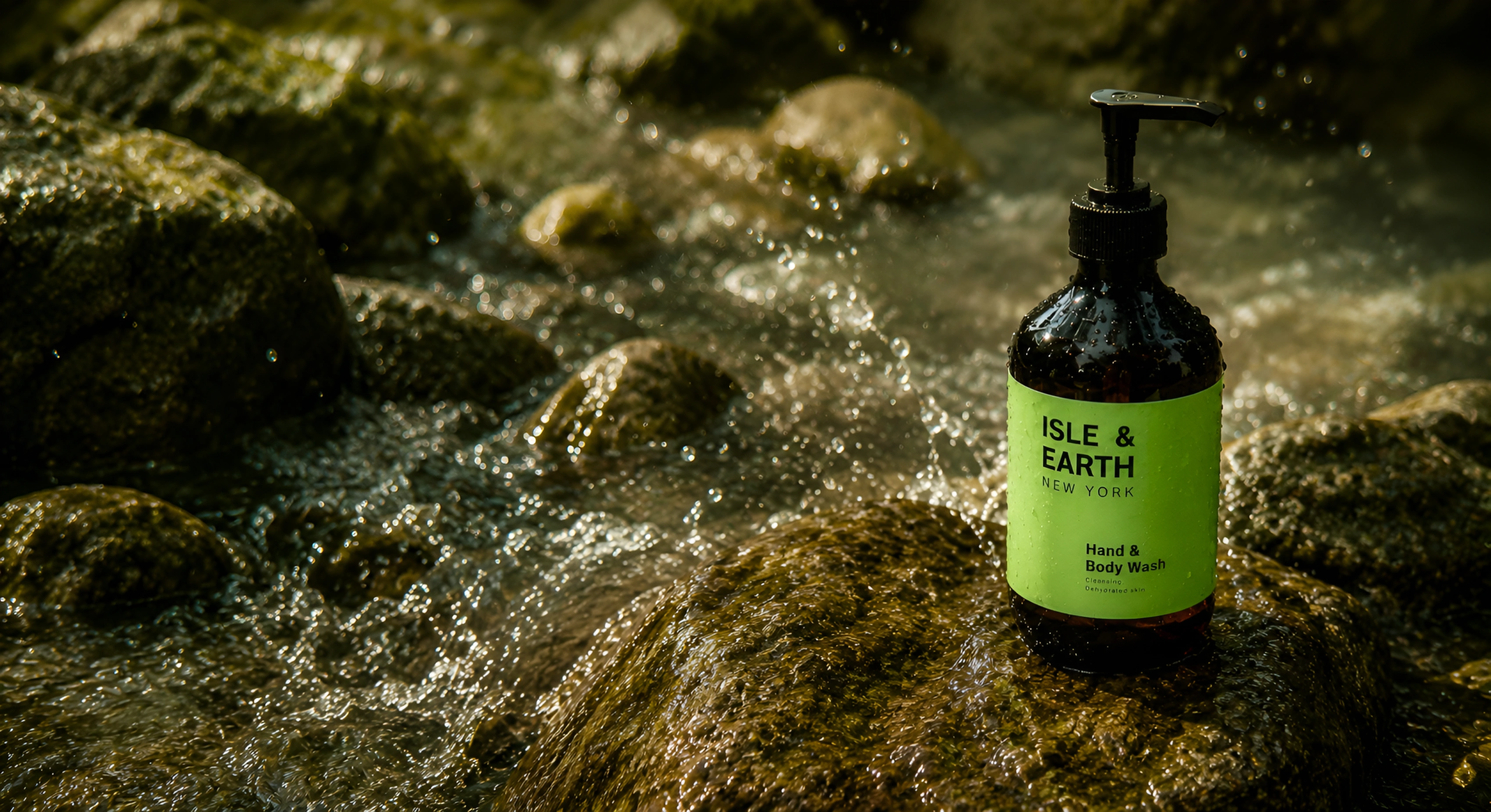 Isle & Earth Ginger Cardamom Hand & Body Wash amber bottle on mossy rocks beside a natural stream with flowing water