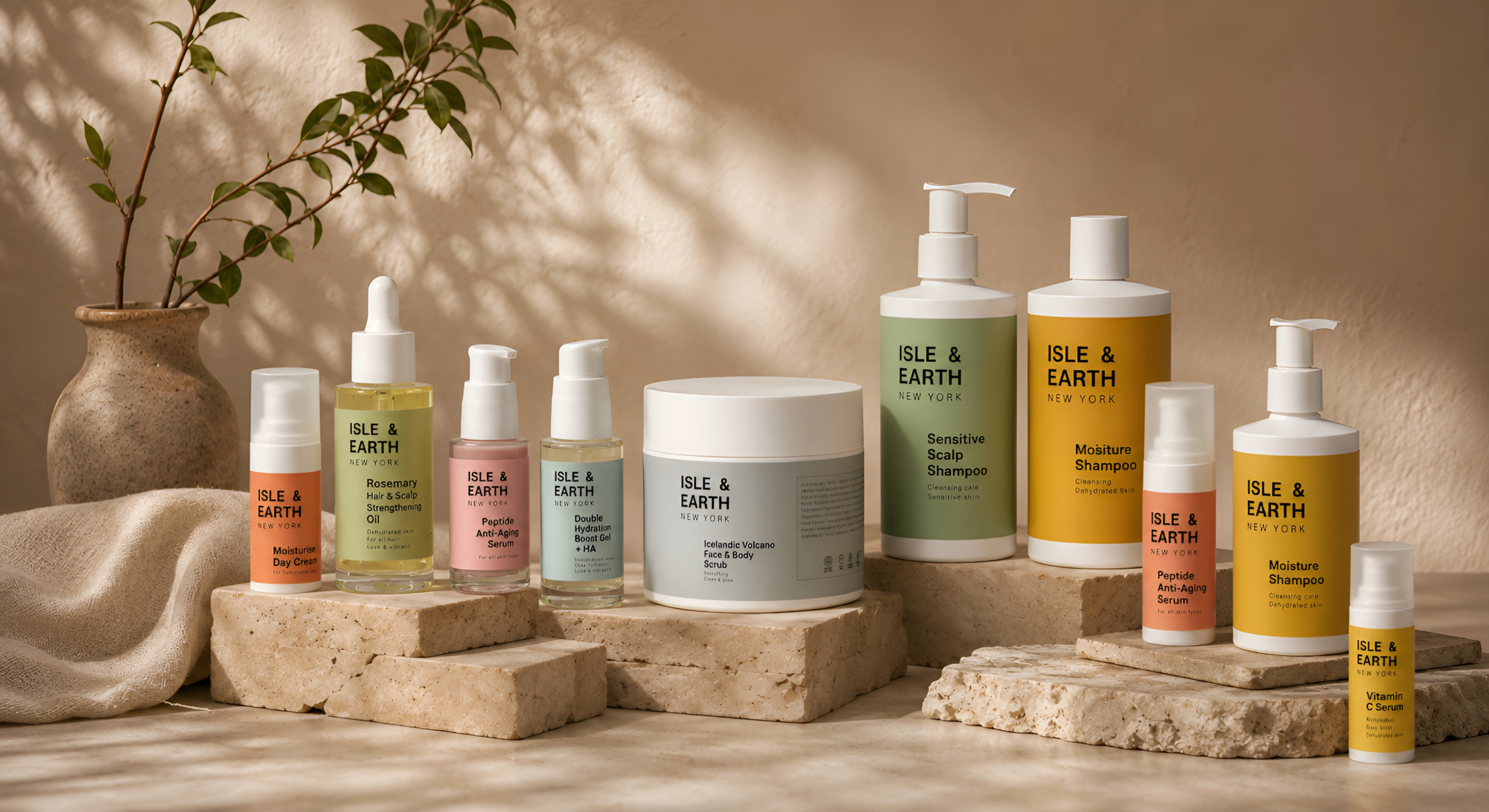 Isle & Earth New York full clean beauty product range displayed on stone blocks with natural botanicals including shampoos, serums, face cream and body scrub