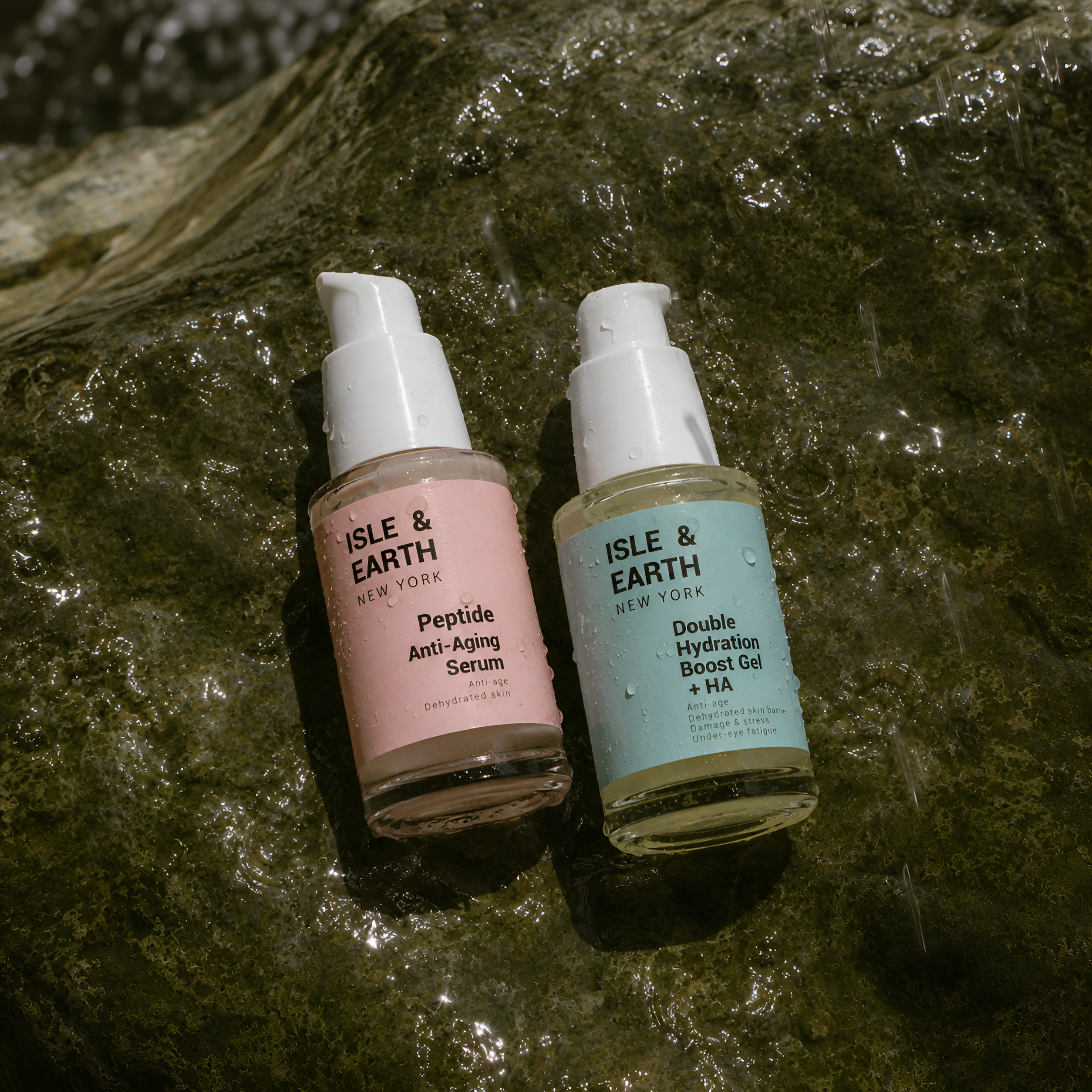 Isle & Earth Peptide Anti-Aging Serum and Double Hydration Boost Gel + HA bottles with water droplets resting on wet mossy coastal rock