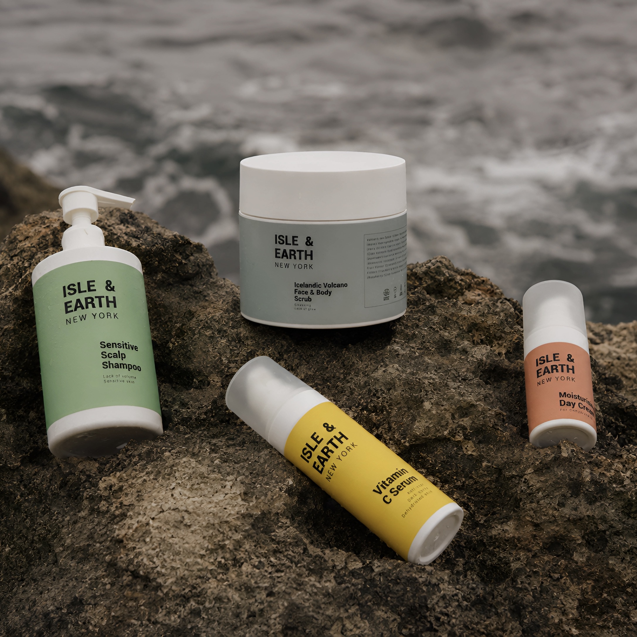 Isle & Earth New York Sensitive Scalp Shampoo, Icelandic Volcano Face & Body Scrub, Vitamin C Serum, and Moisturising Day Cream arranged on coastal rocks with ocean waves in background